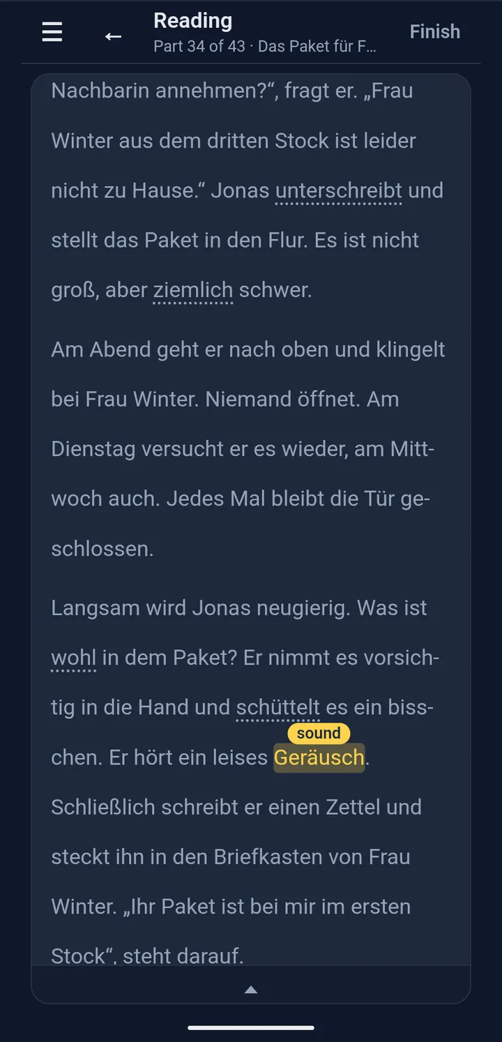 Reader; the marked word unterschreibt has a dotted underline.