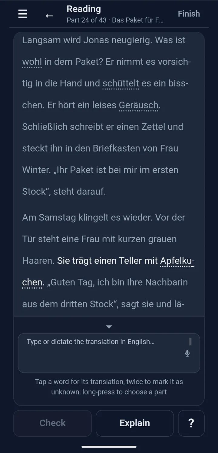 Reader; the chosen sentence is white, the buttons Check, Explain and ? are circled.