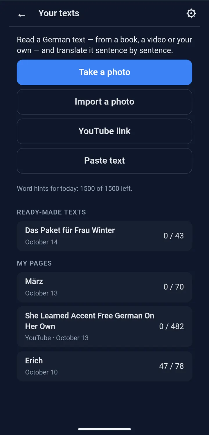 Your texts screen; the buttons Take a photo, Import a photo, YouTube link and Paste text are circled.