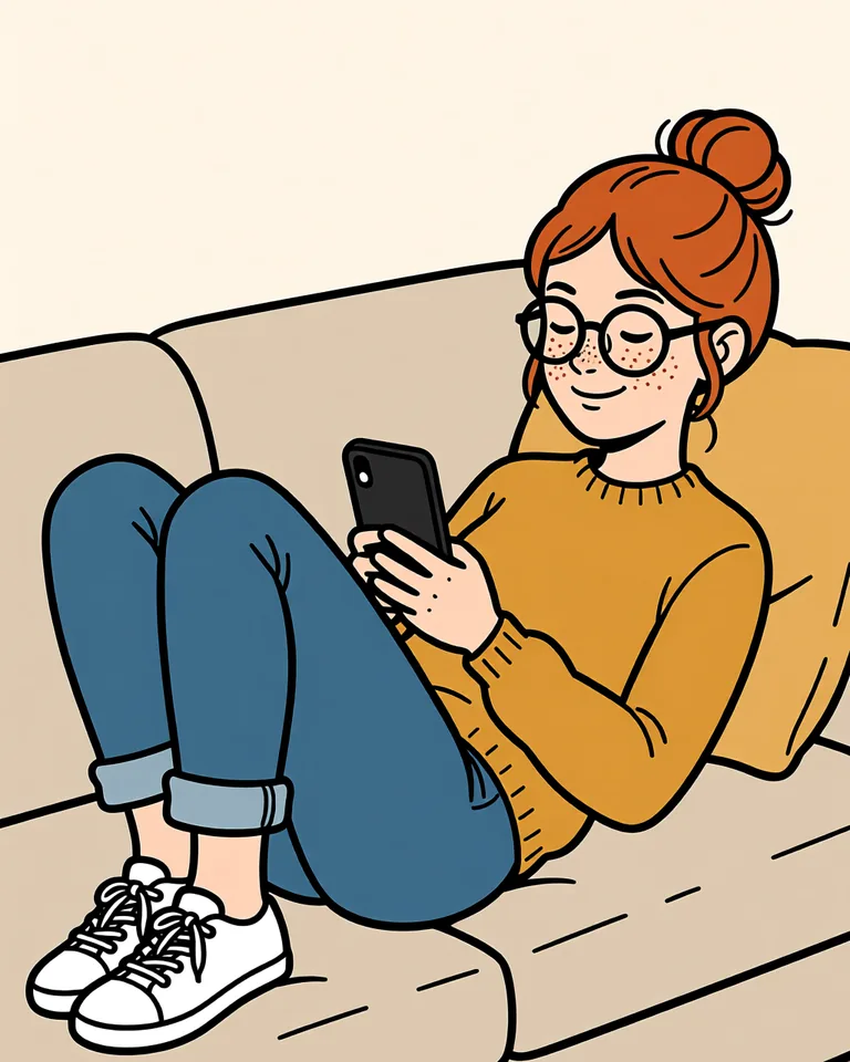 Lena reading on her phone, lying on the sofa.
