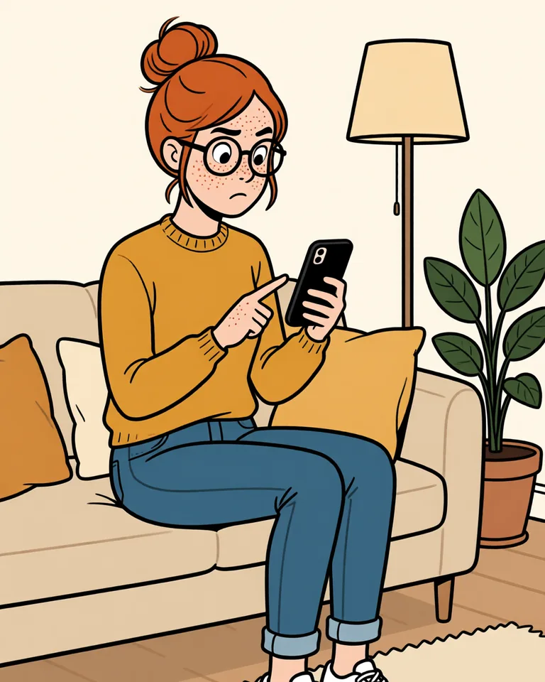 Lena on the sofa, frowning at a sentence on her phone.