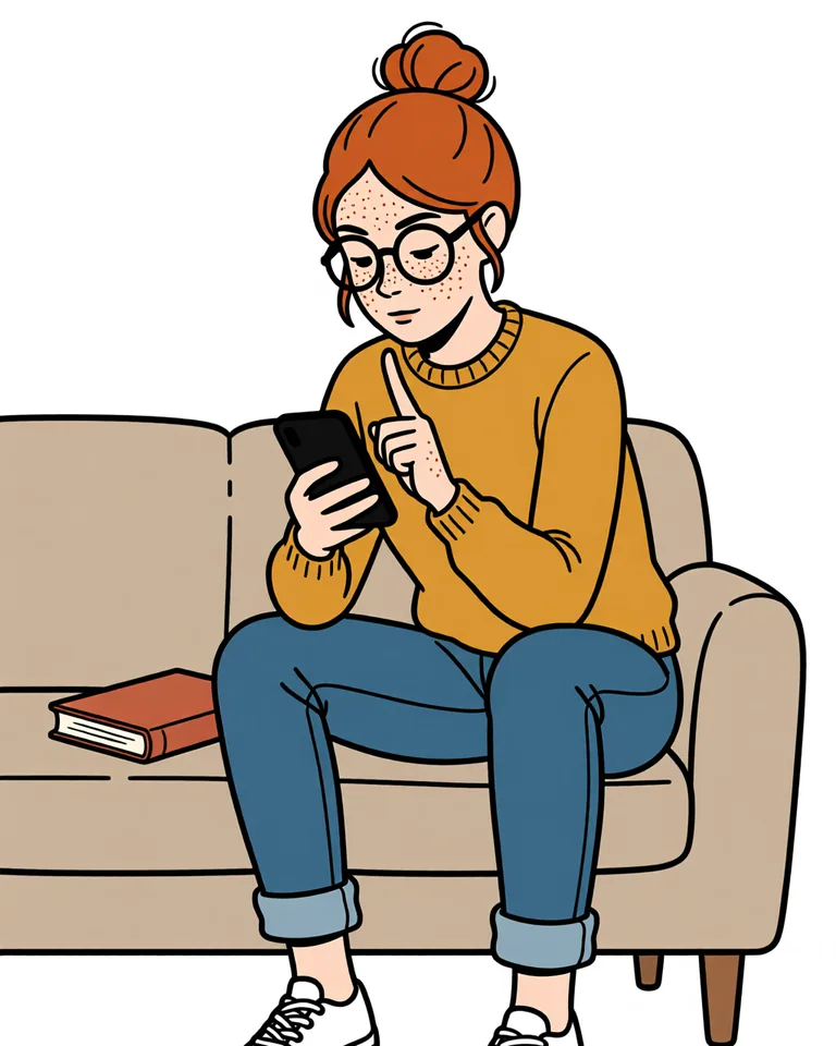 Lena on the sofa typing on her phone.