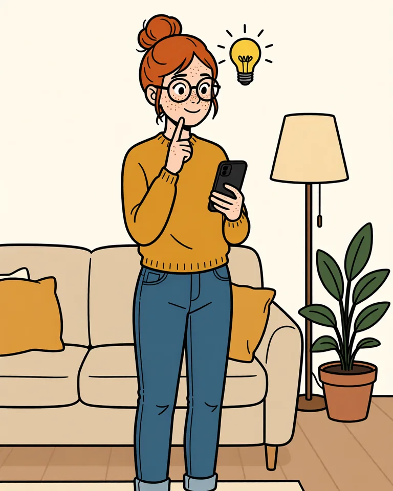 Lena with a finger on her chin and a light bulb above her head.