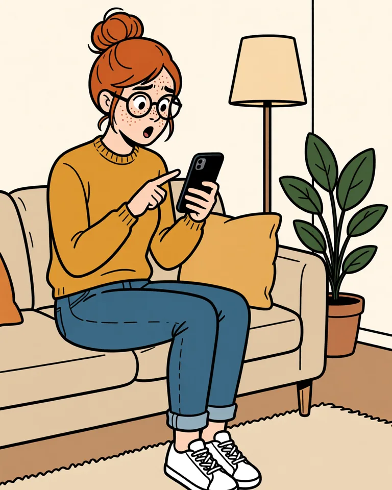 Lena on the sofa, puzzled, mouth open, pointing at her phone.