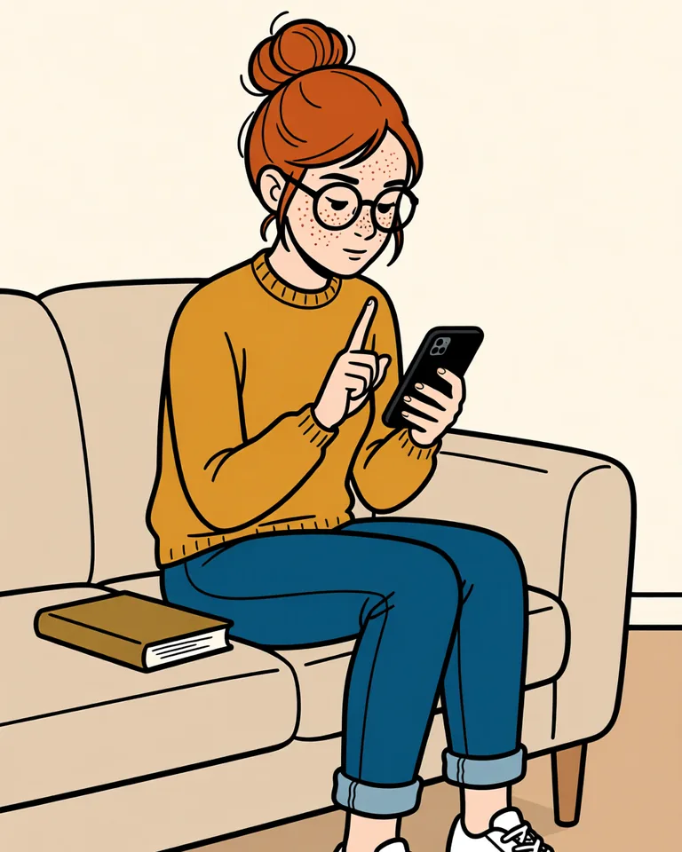 Lena on the sofa, raising a finger, phone in hand.