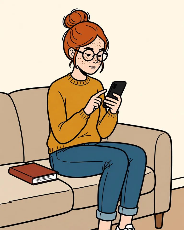 Lena on the sofa tapping a button on her phone.