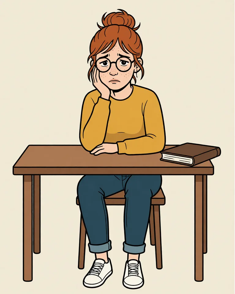 Lena sitting at a table, chin in hand, the book closed and pushed aside.