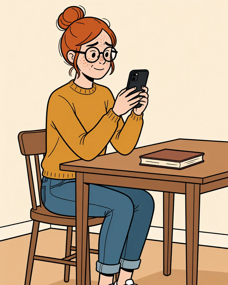 Lena holding her phone with both hands, smiling.
