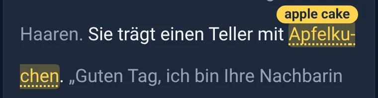 Reading screen: the tapped word "Apfelkuchen" with the hint "apple cake" above it.