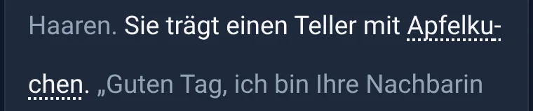 The sentence "Sie trägt einen Teller mit Apfelkuchen." highlighted in white.
