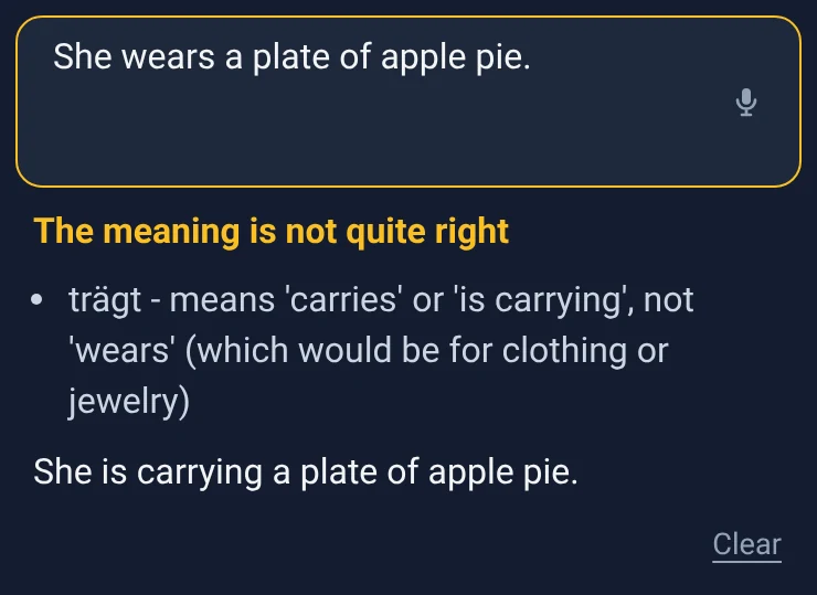Her translation, the verdict "The meaning is not quite right", a note that "trägt" means "is carrying" here, and the corrected sentence.
