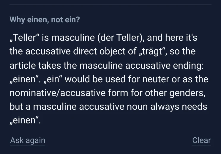 The AI answer about the accusative "einen Teller".
