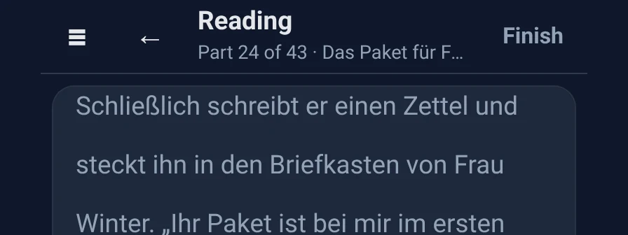 Reader header "Reading · Part 24 of 43 · Das Paket für F…" with the Finish button circled.