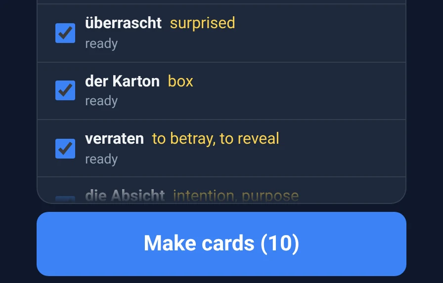 List of marked words with the button "Make cards (10)".
