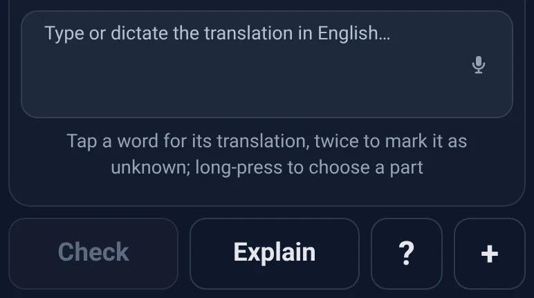 Translation field and the buttons Check, Explain, ? and +; the + button is circled.