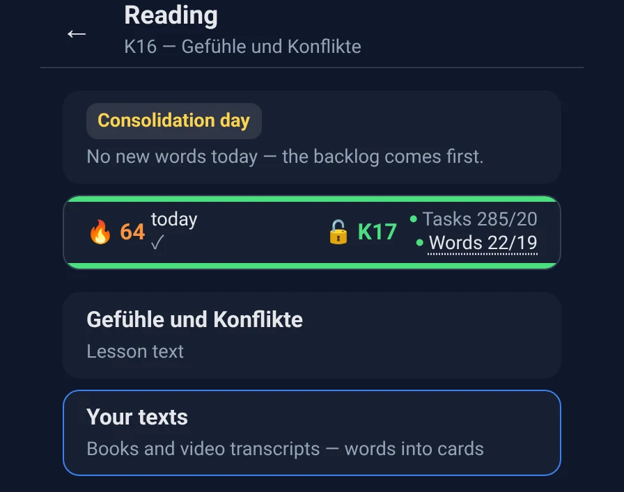 Reading screen; the Your texts tile is circled.